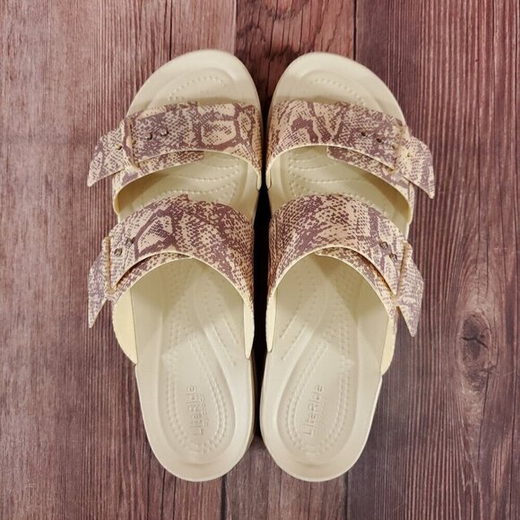 Crocs LiteRide Womens Sz 11 Brooklyn Snake Print Buckle Low Wedge Slides Sandals - Picture 6 of 15